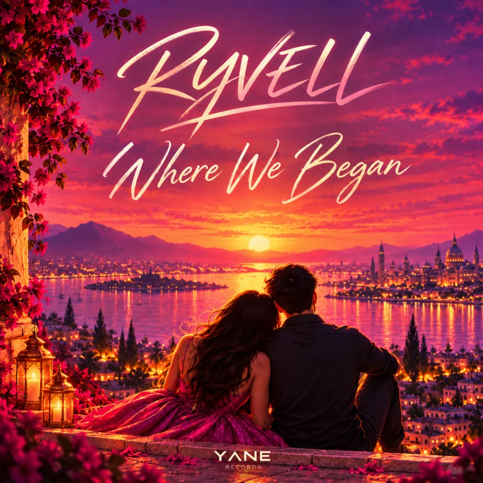 Where We Began: een stel kijkt uit over het water en een stad bij een magenta en gouden zonsondergang.